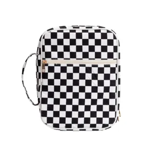 Black and white checkerboard quilted book cover, portable travel prayer book storage bag with handle.