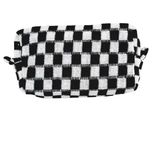 Trousse de maquillage en tricot à carreaux noir et blanc grand sac de rangement cosmétique.
