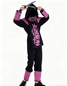 Kids pink and black ninja costume set with dragon pattern, perfect for Halloween and stage shows.