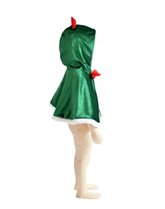 Children's green velvet Christmas hooded cape detail view, festive holiday party costume.