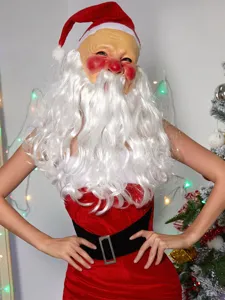 Christmas Santa Claus latex mask with white beard and red hat holiday party costume prop.