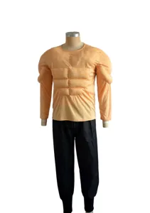 Close-up view of the padded fake abs muscle costume top and black pants for fun party dress up.