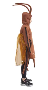 Vue détaillée du costume de cafard amusant pour enfants, montrant la capuche et les ailes.