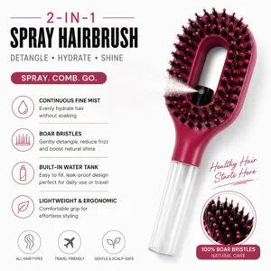 2-in-1 spray hairbrush with built-in water tank and boar bristles for detangling, hydrating and shine.