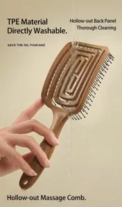 Hollow massage hairbrush detail, brown TPE material, easy to wash and clean scalp effectively.