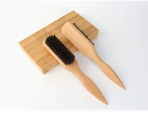 Wooden handle beard brush and styling hair brush set for men daily grooming care use.