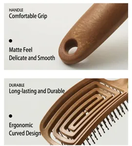 Detail view of brown ergonomic hollow massage hairbrush handle and vent structure.