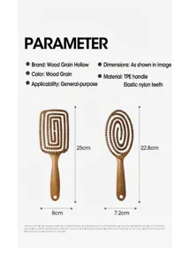 Detailed view of hollow massage hairbrush with TPE handle and elastic nylon teeth.