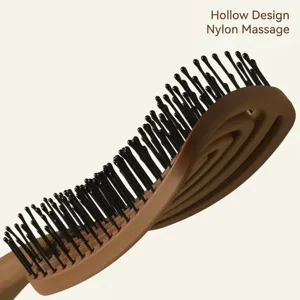 Curved hollow hair brush with nylon bristles for scalp massage, detangling, and volume styling.