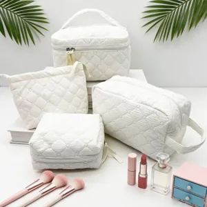 White quilted cosmetic bag set, large capacity travel toiletry organizer with handle for daily use.