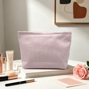 Trousse de maquillage rayée rose en seersucker grande capacité pochette de voyage