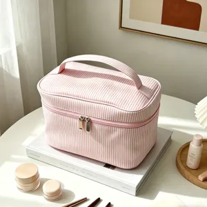 Trousse de maquillage à rayures rose et blanche grande capacité pochette de rangement de voyage