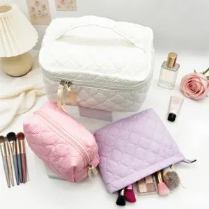 Detail view of the quilted cosmetic bag set, featuring large capacity and elegant travel design.