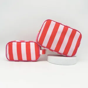 Red and pink striped cosmetic bag variant, large capacity portable travel toiletry storage bag.