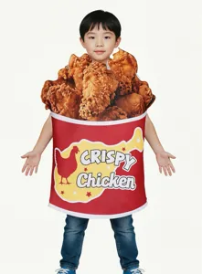 Costume de seau de poulet frit d'Halloween pour enfants et adultes, imprimé poulet amusant.