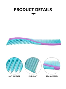 Dual-sided plastic hair comb detail view, featuring wide and fine teeth with blue purple design.