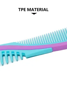 Detail shot of dual-side comb with TPE material, showing fine teeth and blue-purple color.