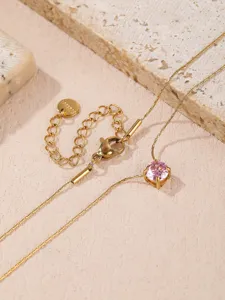 Exquisite titanium steel pink zircon birthstone pendant necklace detail view showcasing clasp.