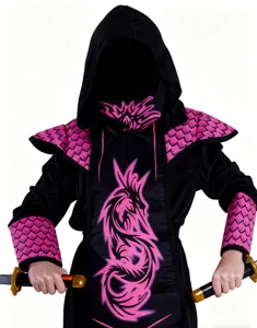 Children's black ninja costume with pink dragon print, perfect for party and stage show.