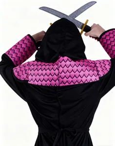 Kids ninja costume black pink dragon scale hooded outfit with toy swords for stage performance