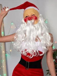 Christmas Santa Claus latex mask with long white beard and festive hat for holiday party costume.