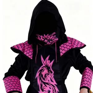 Kids black and pink ninja costume for Halloween party, cosplay, and stage performance outfit.