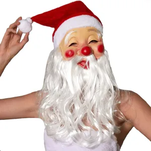 Christmas Santa Claus latex mask with white long beard and hat for holiday party costume.