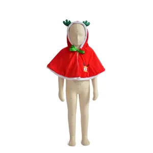 Kids Christmas hooded red cape with cute reindeer antlers for holiday party costume dress up.