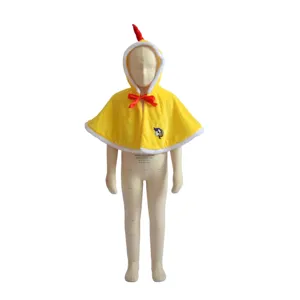 Children Christmas yellow hooded cape with cute red bow and unicorn patch for party wear.