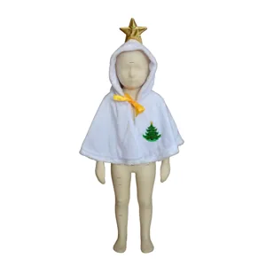 Kids Christmas white plush hooded cape cloak with golden star and cute tree embroidery.