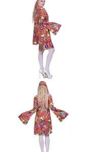 Detailed view of the 1960s retro hippie cosplay costume dress with paisley print and sleeves.
