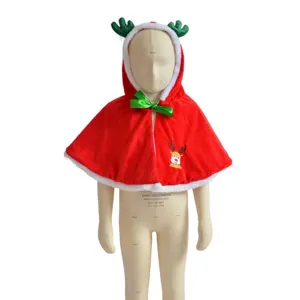 Kids Christmas Reindeer Cloak Hooded Red Velvet Cape with Antlers Party Costume