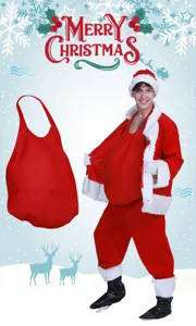 Costume de Pere Noel faux ventre tenue de spectacle avec sac cadeau rouge de fete.