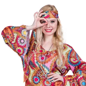 Costume hippie adulte annees 60 robe retro a fleurs avec bandeau assorti pour soiree Halloween.