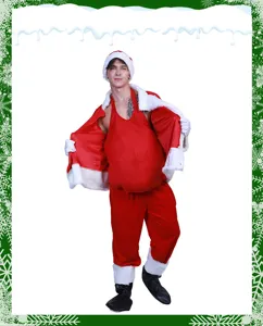 Vue détaillée du costume de Noël montrant le tissu rouge, la bordure en peluche et le style.
