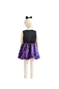 Kinder Halloween Hexe Fledermaus Kostüm, ärmelloses schwarzes Oberteil lila Rock.
