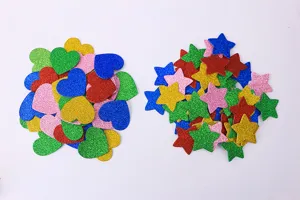 Glitter foam stickers detail, colorful star and heart shape DIY craft for wall decor.