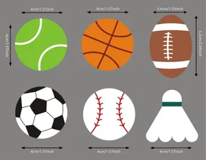 Kids foam sports ball stickers set featuring 6 assorted designs with clear size dimensions.