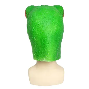 Green frog latex mask for Halloween party, funny animal headgear costume for cosplay events.