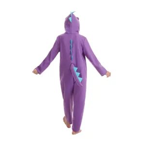 Paarse dinosaurus onesie kostuum achteraanzicht, schattige dieren cosplay pyjama.