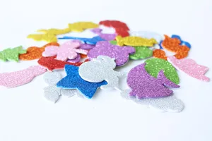 Colorful glitter EVA foam stickers for kids DIY crafts, assorted cute shapes, bulk pack.