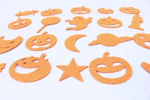 Halloween EVA glitter foam stickers detail, orange pumpkin and ghost shapes for DIY crafts.