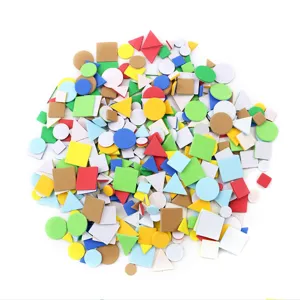 Kids DIY geometric foam stickers, colorful EVA mosaic craft materials for kindergarten.