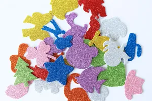 Colorful glitter EVA foam stickers for kids DIY crafts bulk pack, various shapes and colors.