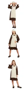 Vue détaillée du costume de bonne victorienne, robe marron avec tablier blanc et bonnet mignon.