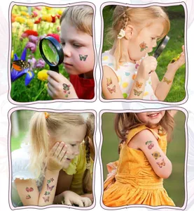 Detailed scene showing children wearing colorful glitter temporary tattoo stickers, perfect for kids parties.