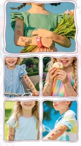 Kids glitter temporary tattoo stickers, cute cartoon designs, waterproof party gifts.