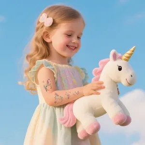 Glitter temporary tattoo stickers featuring cute unicorn and butterfly designs for kids.