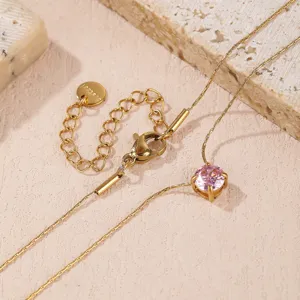 Gold titanium steel pink zircon birthstone necklace women elegant pendant jewelry detail view