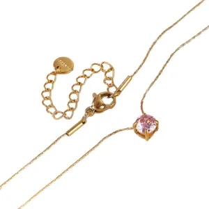 Elegant stainless steel necklace with pink cubic zirconia pendant, minimalist women jewelry.